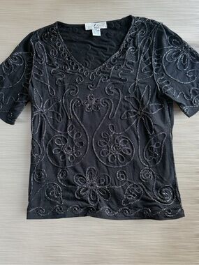 Once Again Petite Beaded Black V-Neck Women's Top!